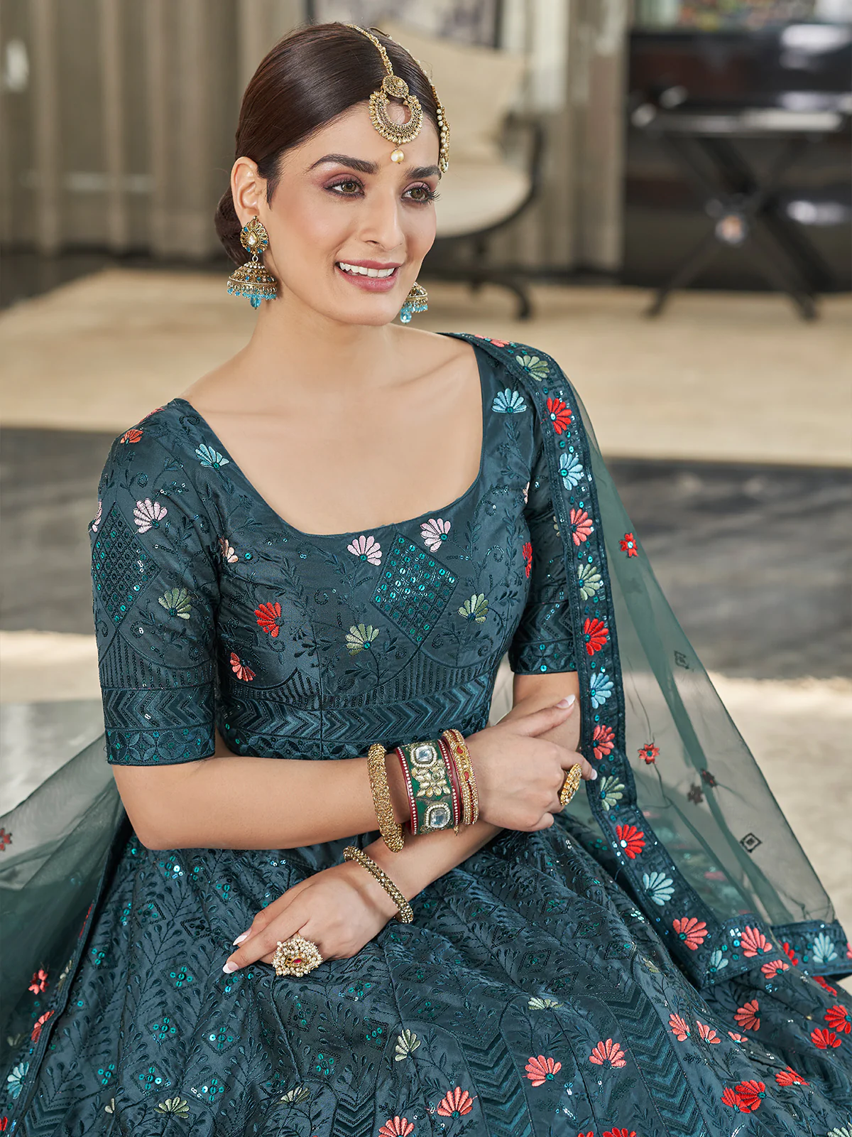 Odette Women Teal Semi Stitched Lehenga With  Unstitched Blouse - Image 3