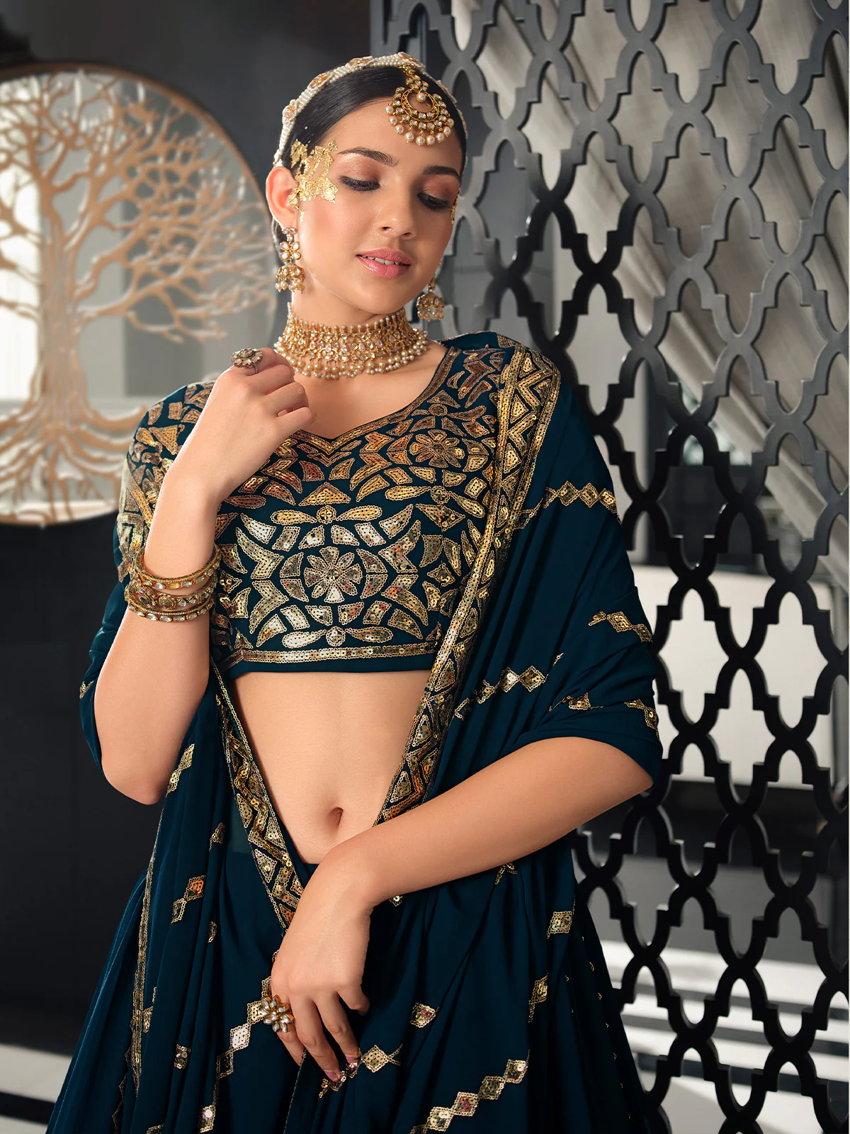 Odette Women Teal Semi Stitched Lehenga With  Unstitched Blouse - Image 2