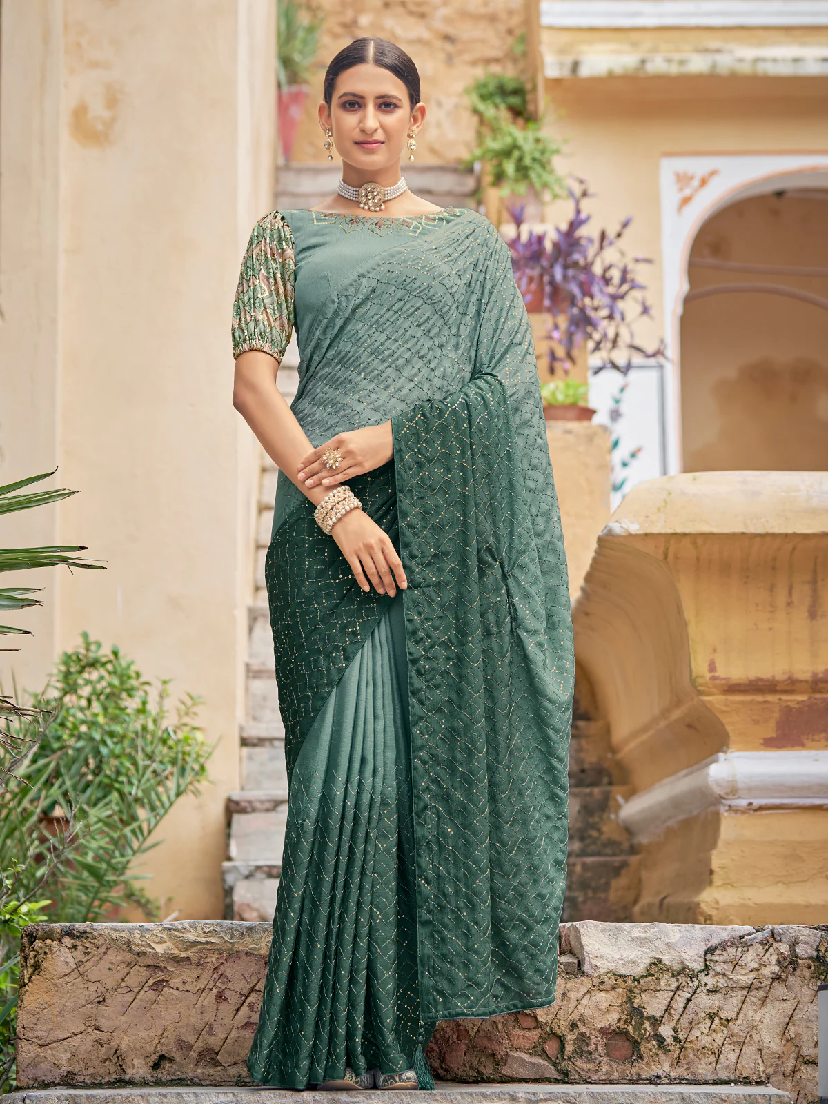 Odette Women Festive Designer Teal Saree With Unstitched Blouse