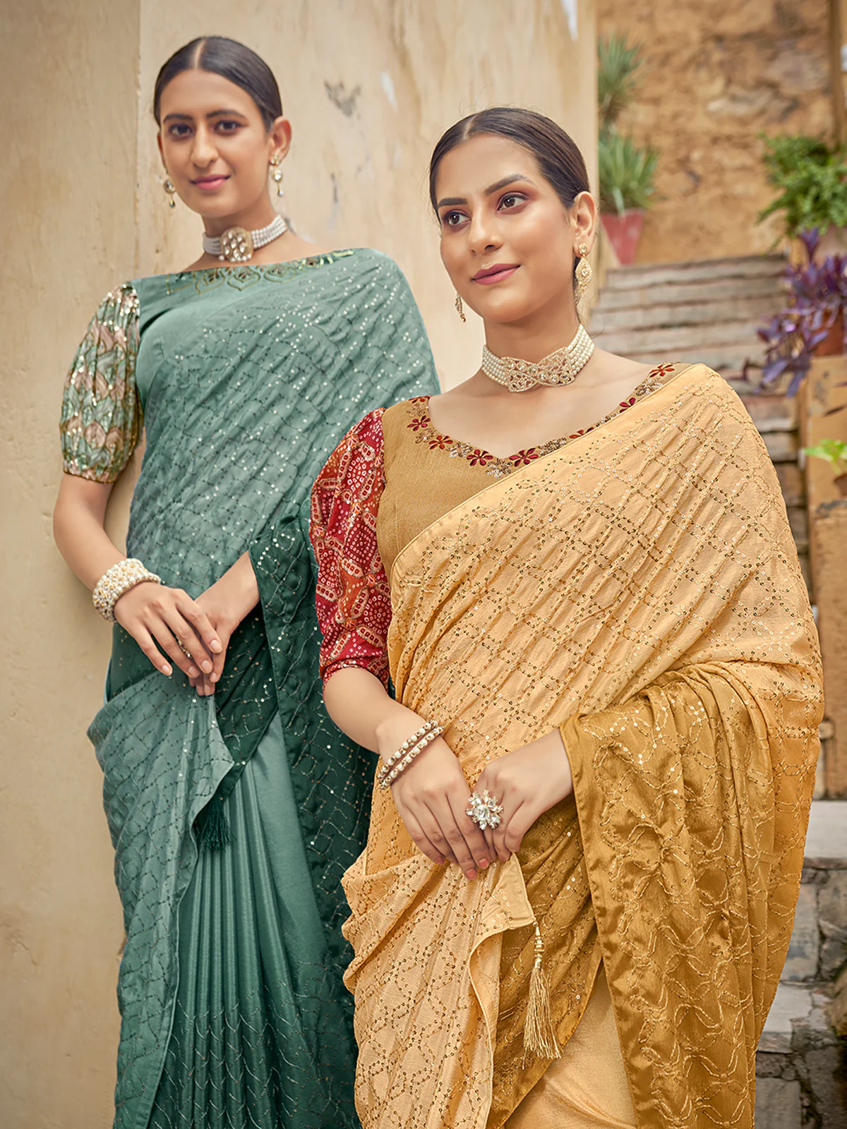 Odette Women Festive Designer Teal Saree With Unstitched Blouse - Image 2
