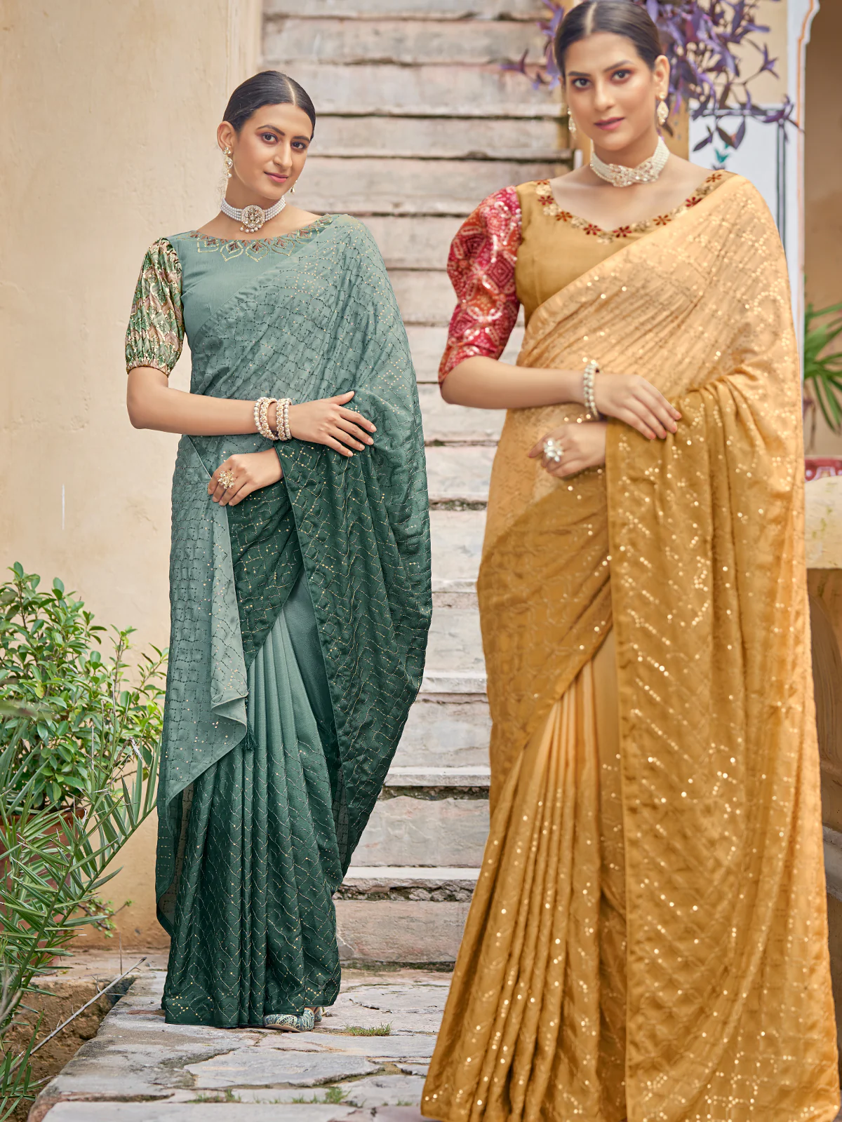 Odette Women Festive Designer Teal Saree With Unstitched Blouse - Image 3