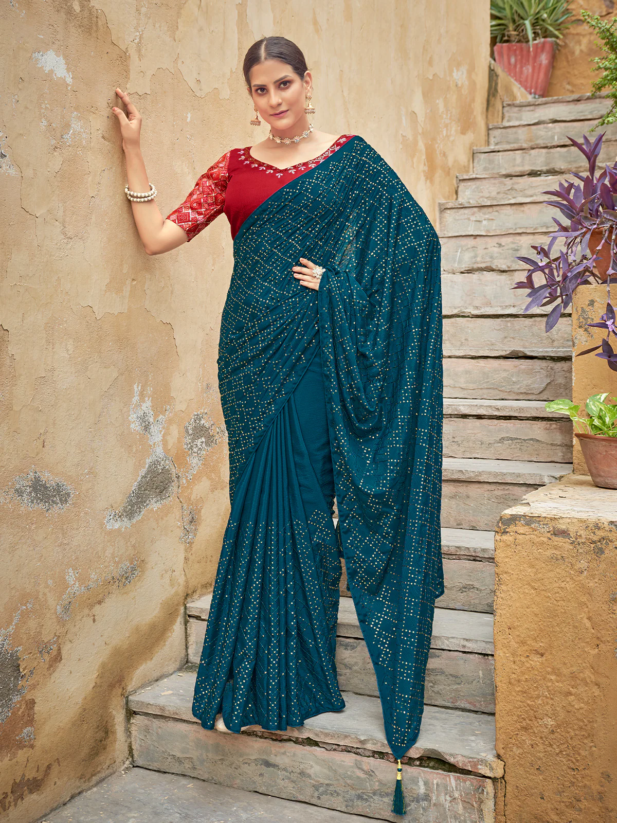 Odette Women Festive Designer Teal Saree With Unstitched Blouse