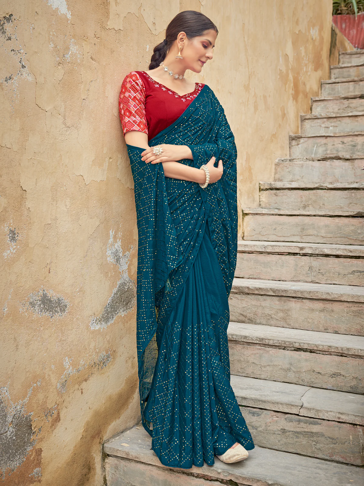 Odette Women Festive Designer Teal Saree With Unstitched Blouse - Image 2