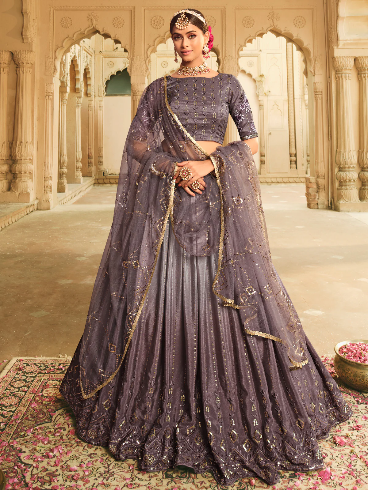 Odette Women Violet Semi Stitched Lehenga With  Unstitched Blouse - Image 2
