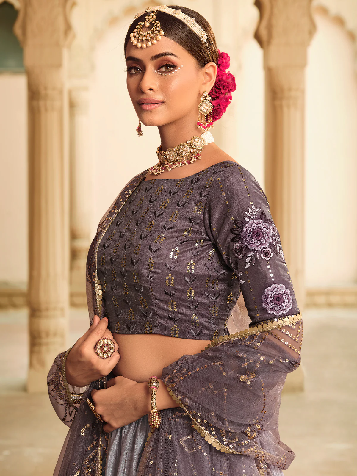 Odette Women Violet Semi Stitched Lehenga With  Unstitched Blouse - Image 4