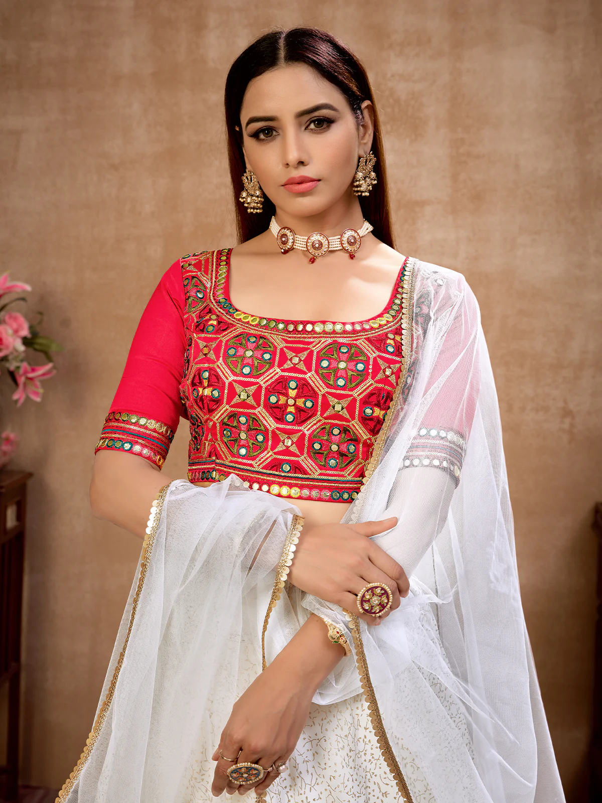Odette Women White Semi Stitched Lehenga With  Unstitched Blouse - Image 3