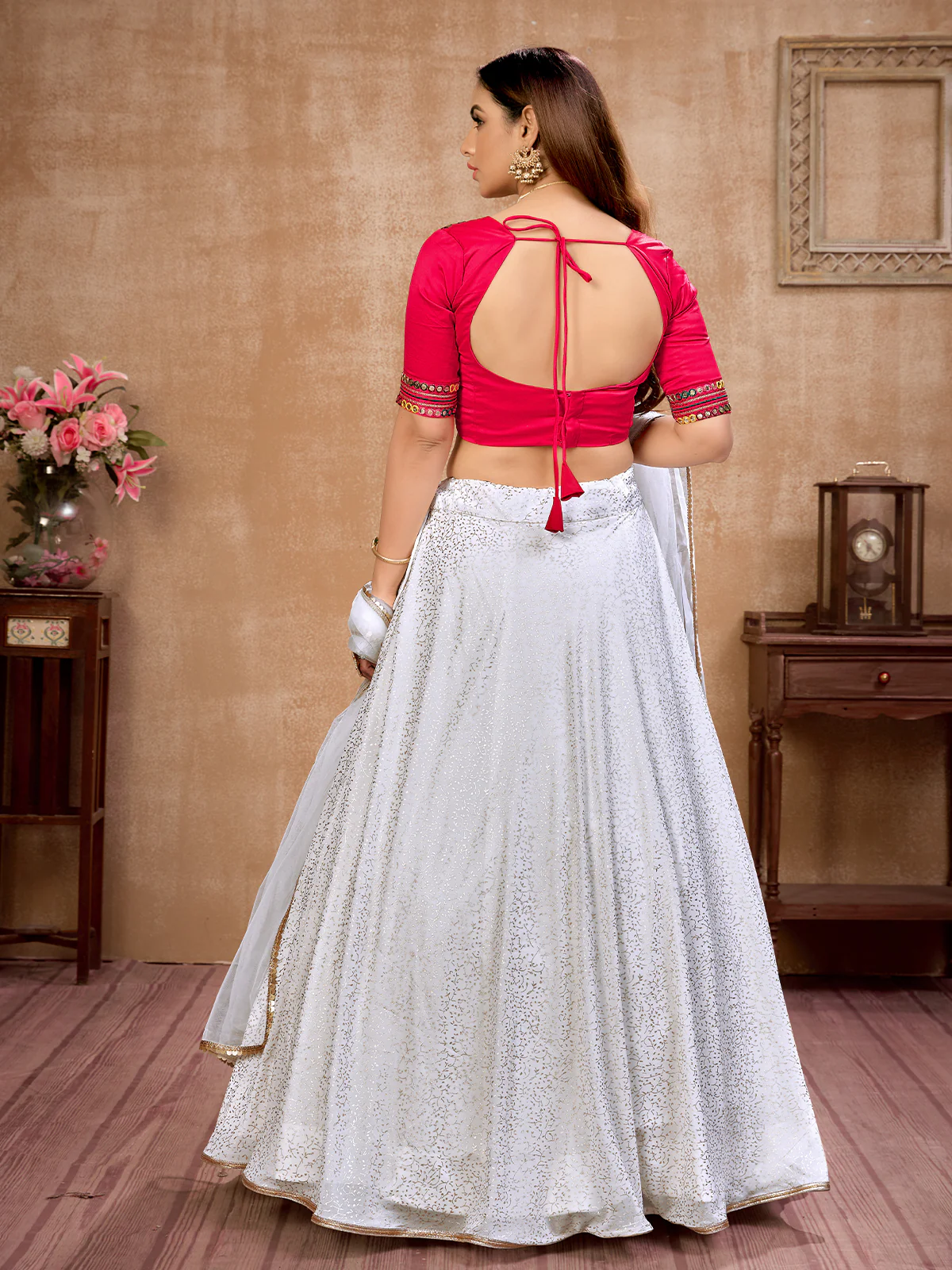 Odette Women White Semi Stitched Lehenga With  Unstitched Blouse - Image 4