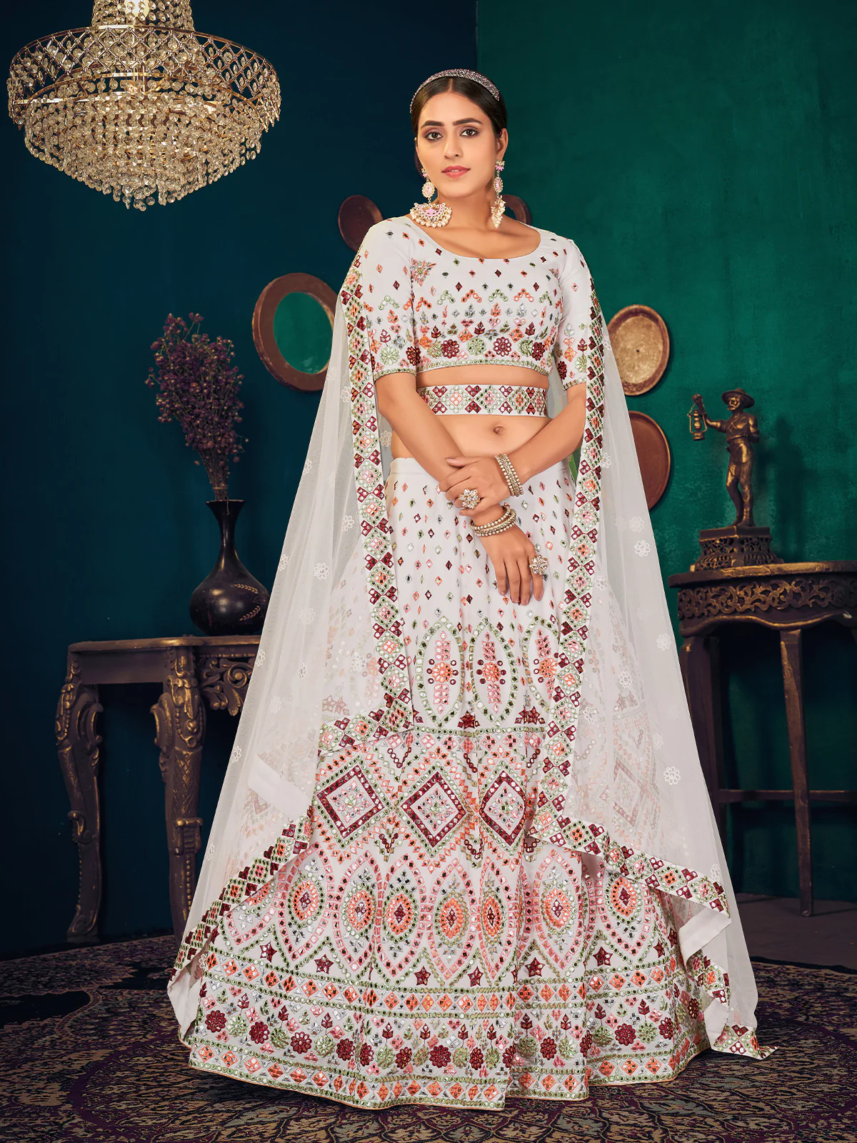 Odette Women White Semi Stitched Lehenga With  Unstitched Blouse - Image 2