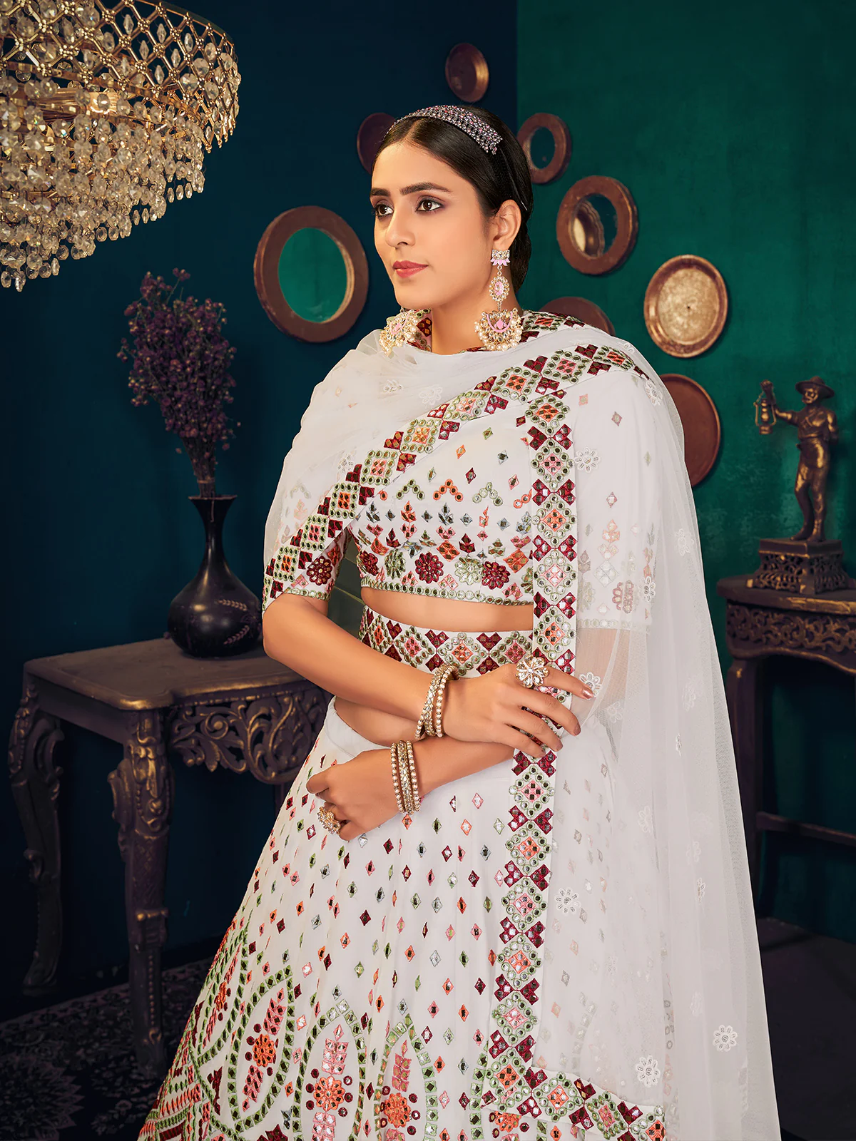 Odette Women White Semi Stitched Lehenga With  Unstitched Blouse - Image 3