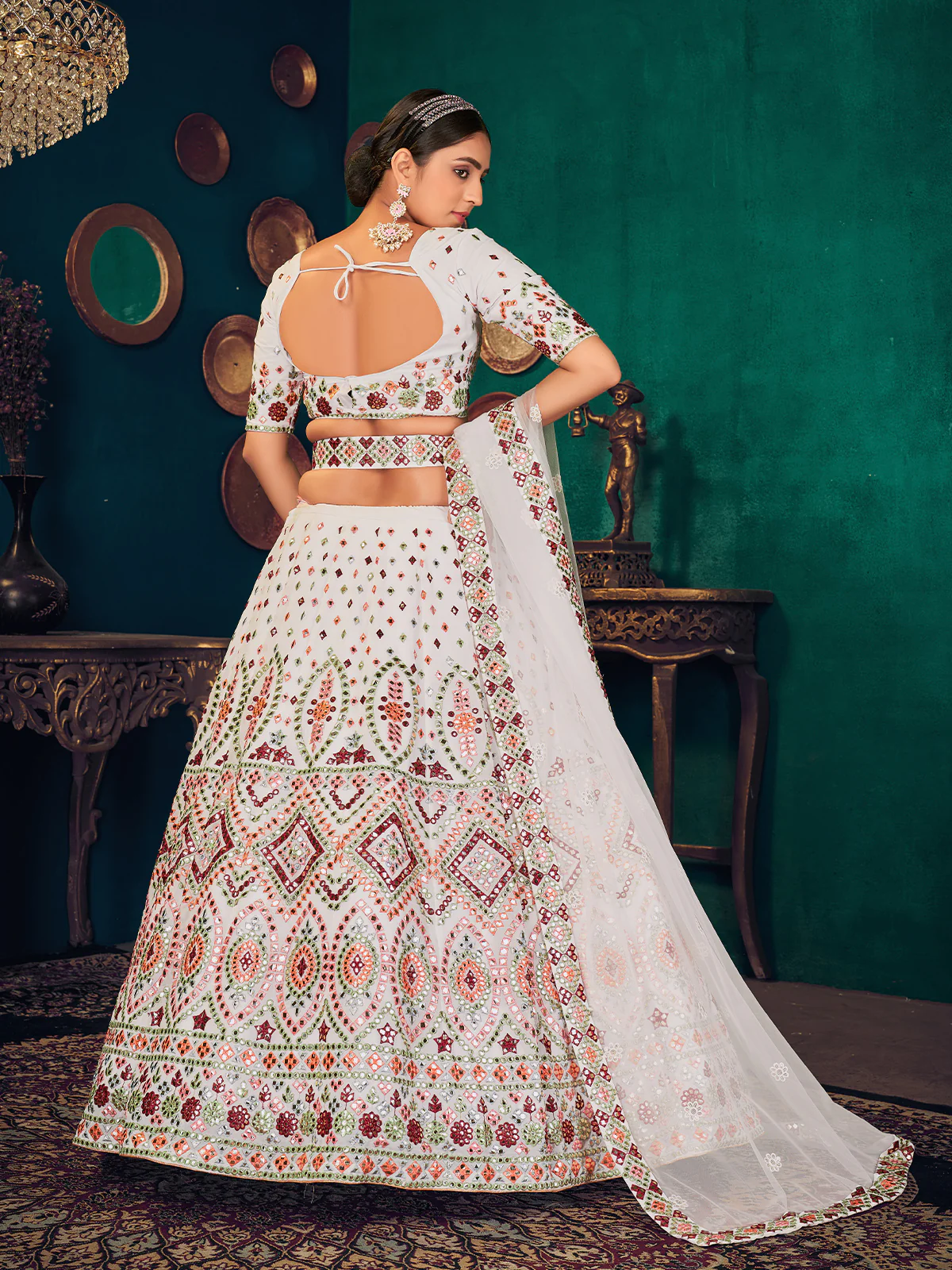 Odette Women White Semi Stitched Lehenga With  Unstitched Blouse - Image 4
