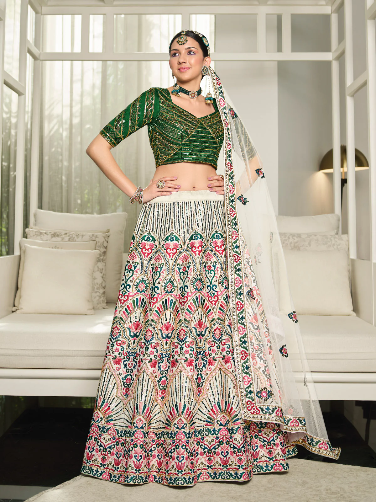 Odette Women White Semi Stitched Lehenga With  Unstitched Blouse - Image 2