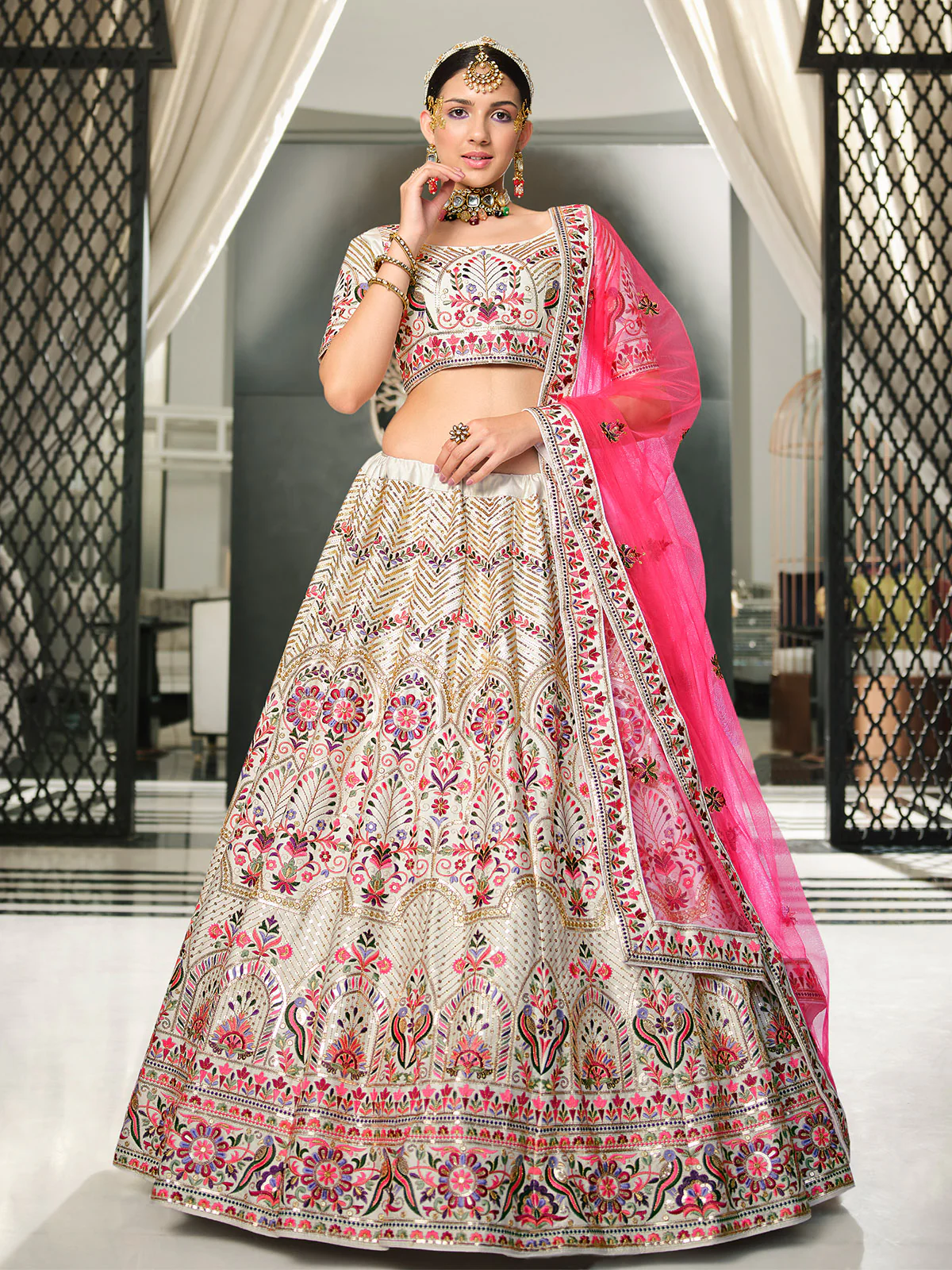 Odette Women White Semi Stitched Lehenga With  Unstitched Blouse - Image 2