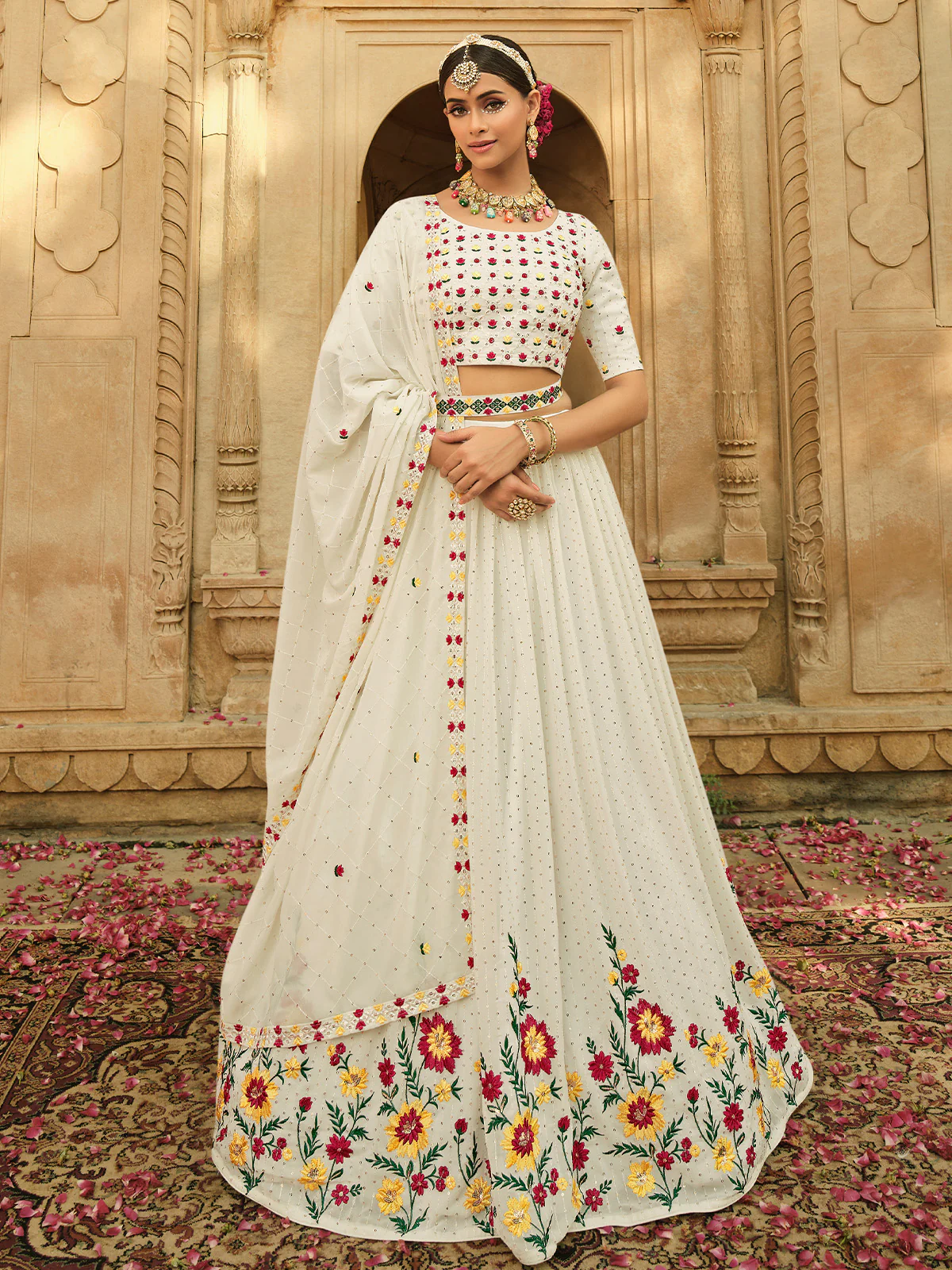 Odette Women White Semi Stitched Lehenga With  Unstitched Blouse - Image 2