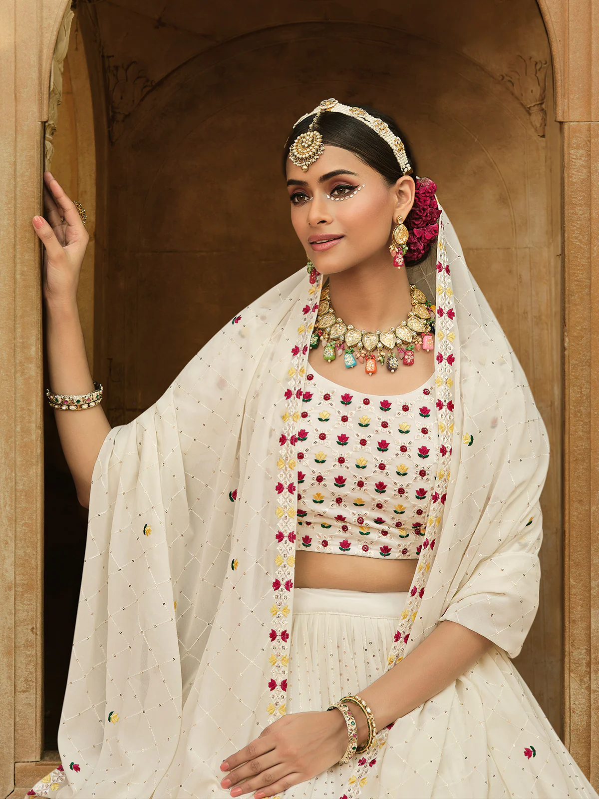Odette Women White Semi Stitched Lehenga With  Unstitched Blouse - Image 4