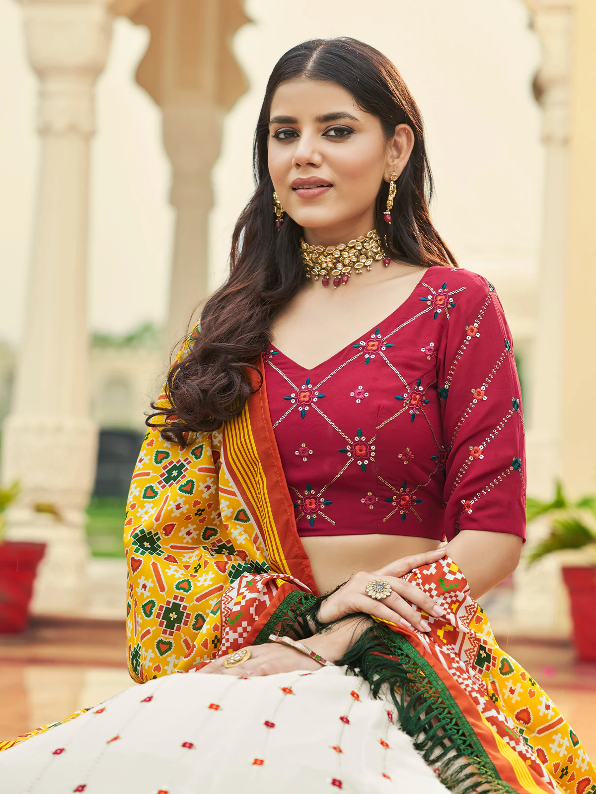 Odette Women White Semi Stitched Lehenga With  Unstitched Blouse - Image 4