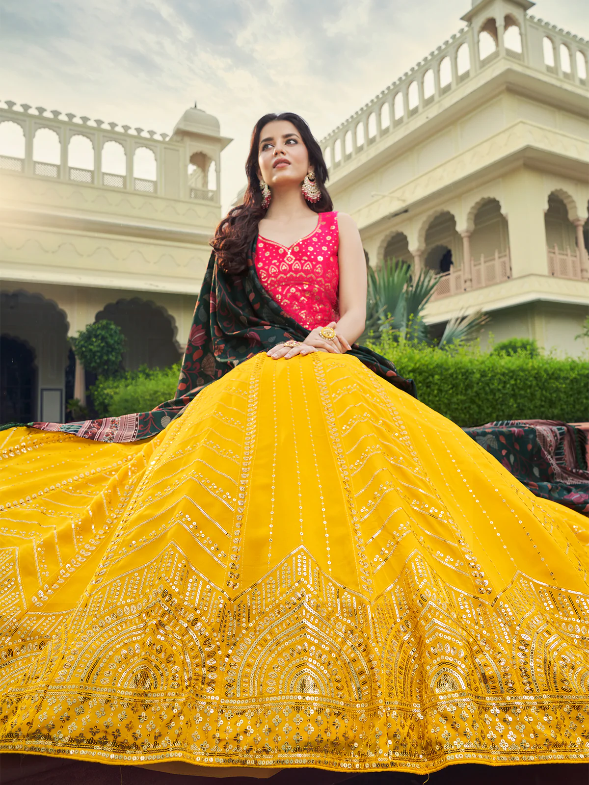 Odette Women Yellow Semi Stitched Lehenga With  Unstitched Blouse - Image 3