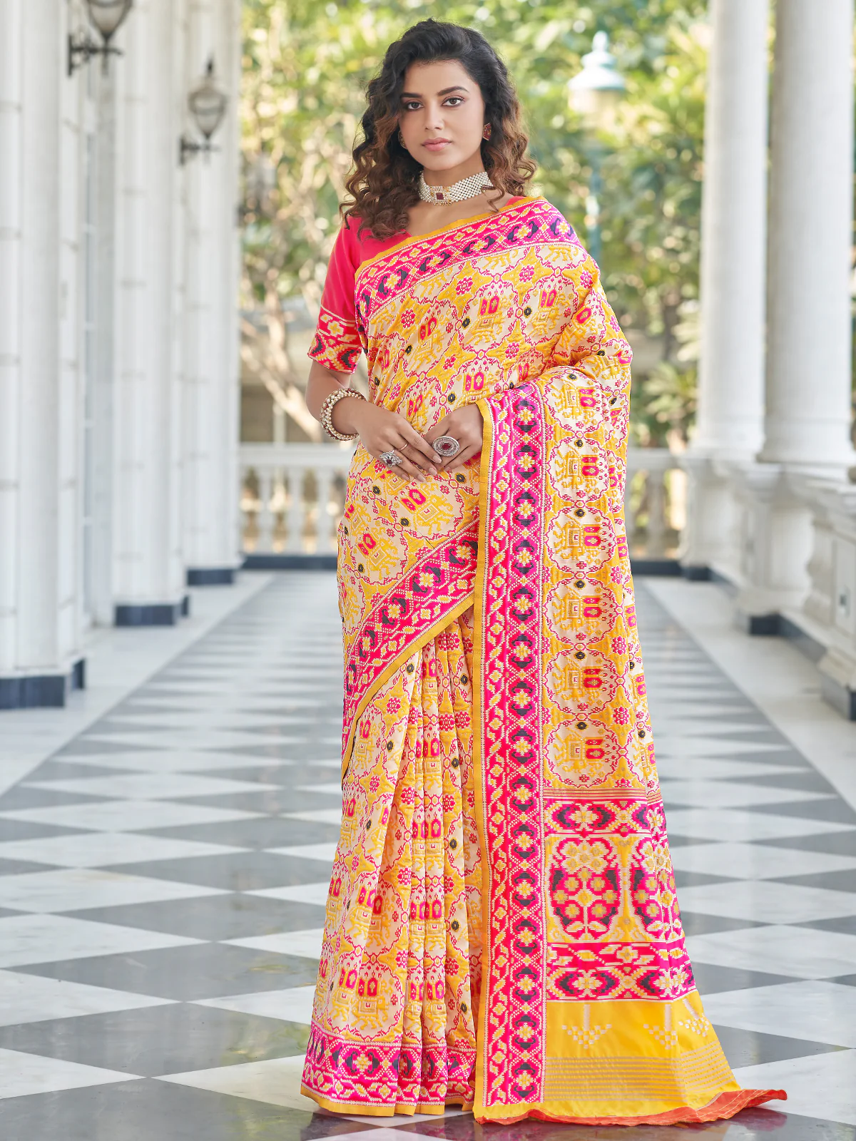 Odette Women Festive Designer Yellow Saree With Unstitched Blouse
