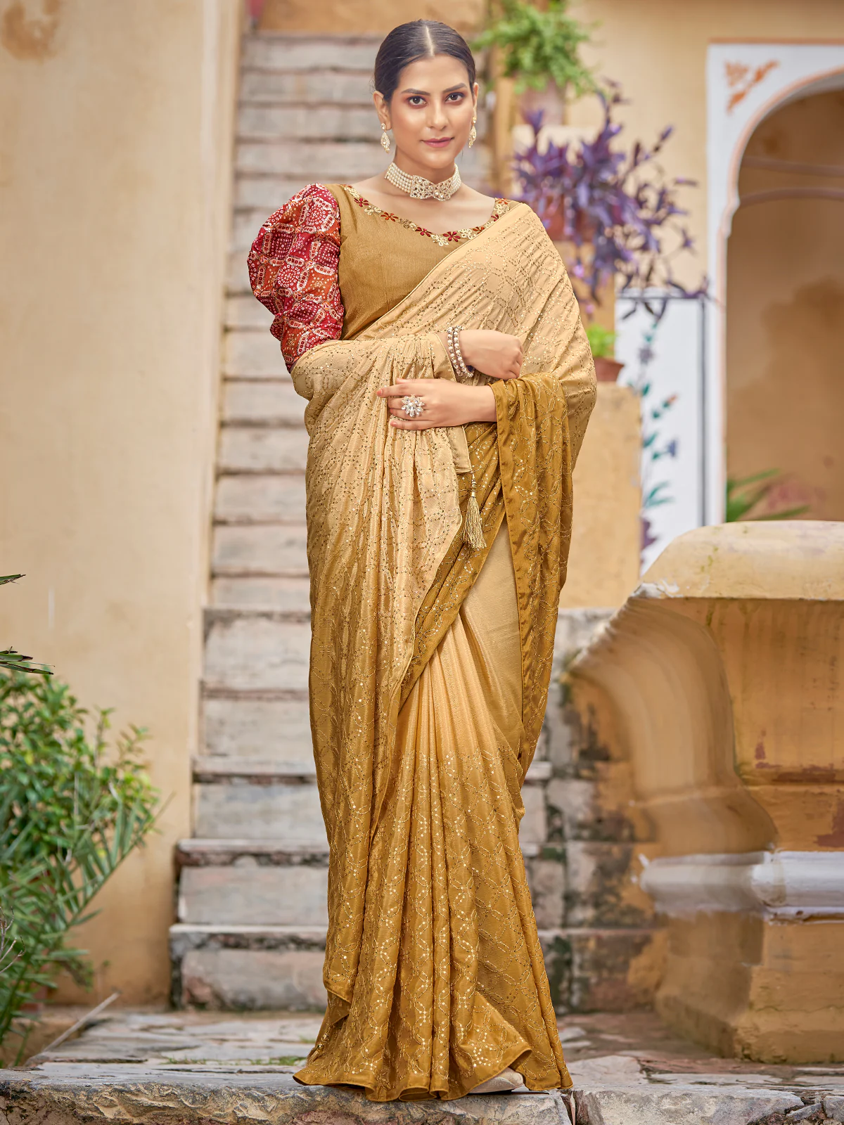 Odette Women Festive Designer Mustard Saree With Unstitched Blouse - Image 2
