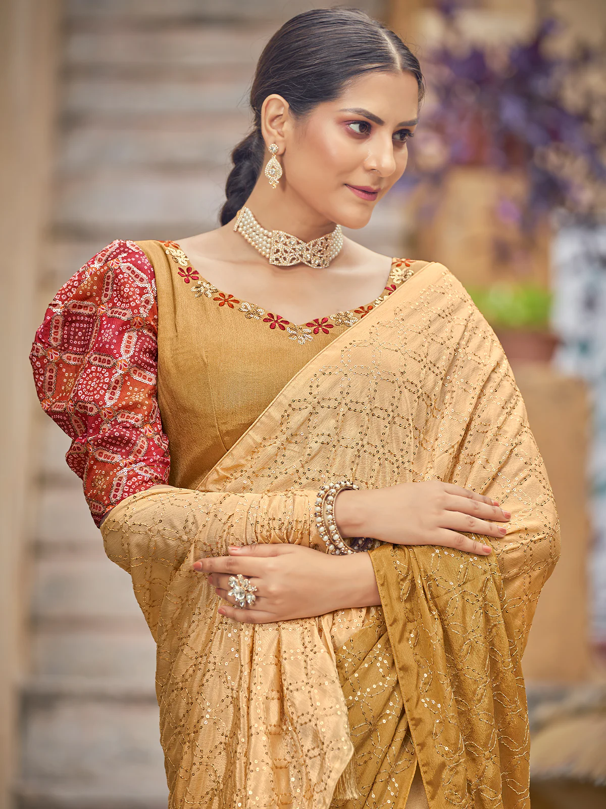 Odette Women Festive Designer Mustard Saree With Unstitched Blouse - Image 3