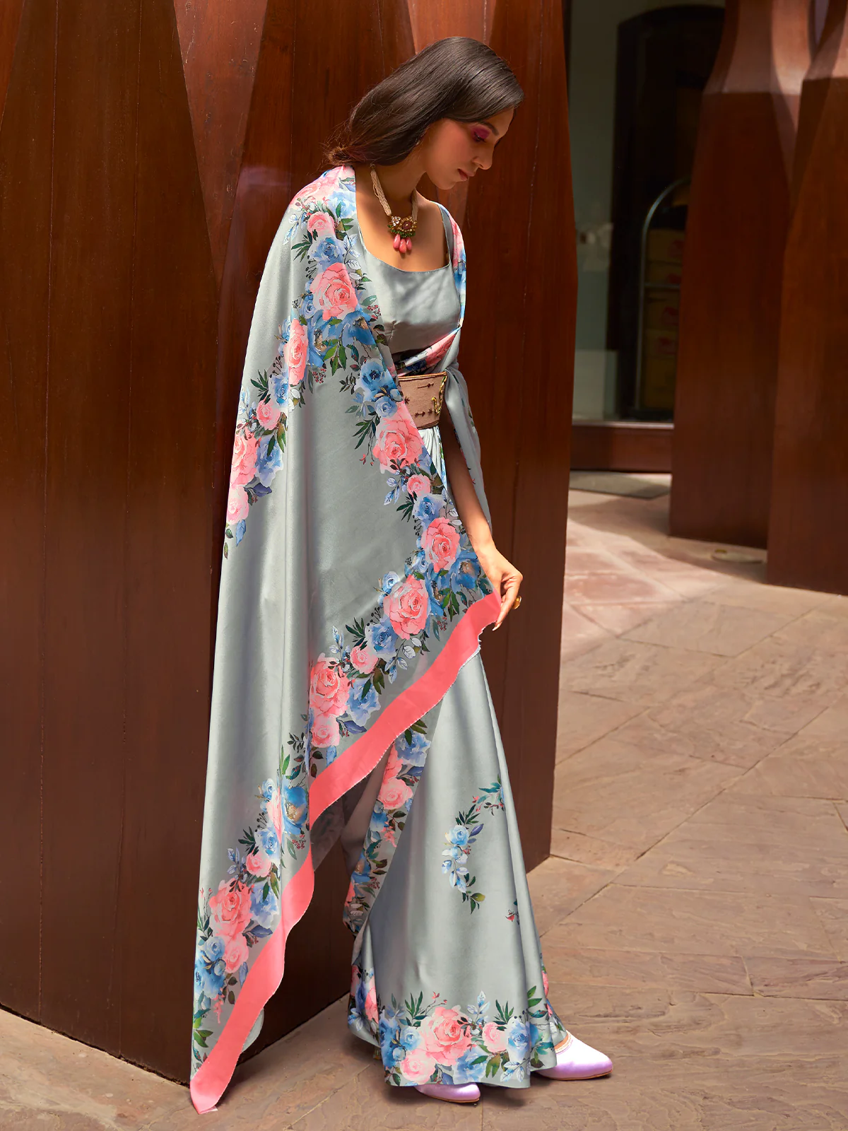 Odette Women Festive Grey Satin Printed Saree With Unstitched Blouse - Image 2