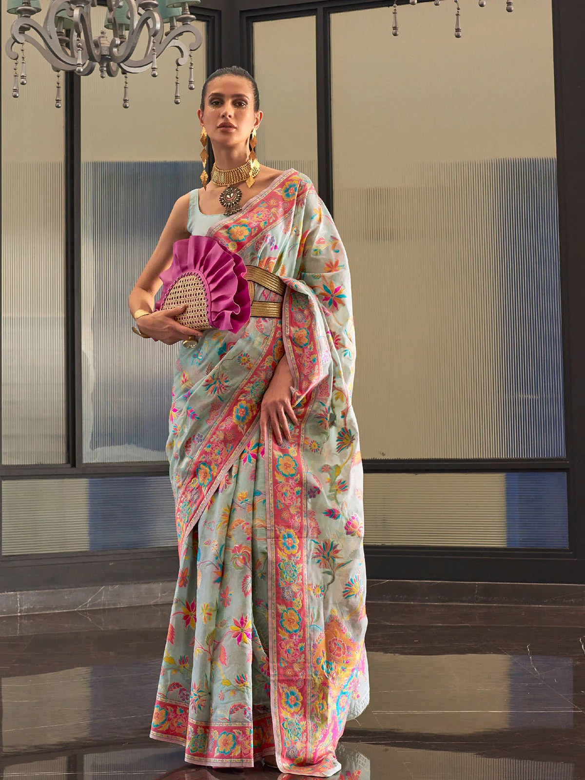 Odette Women Festive Light Blue Silk Blend Woven Saree With Unstitched Blouse