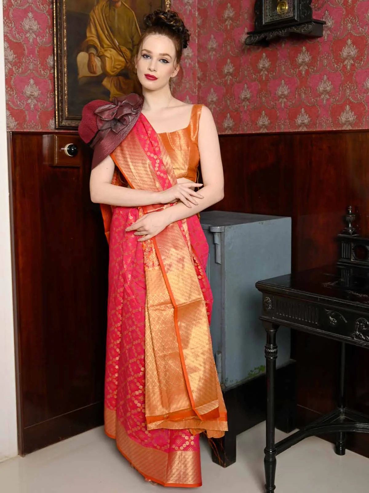 Odette Women Festive Magenta Silk Blend Woven Saree With Unstitched Blouse