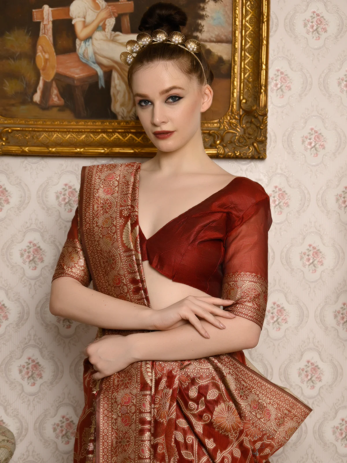 Odette Women Festive Maroon Silk Blend Woven Saree With Unstitched Blouse - Image 4