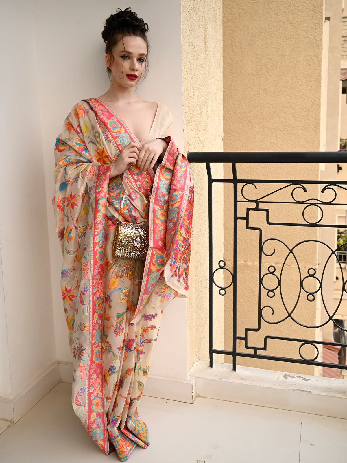 Odette Women Festive Apricot Silk Blend Woven Saree With Unstitched Blouse