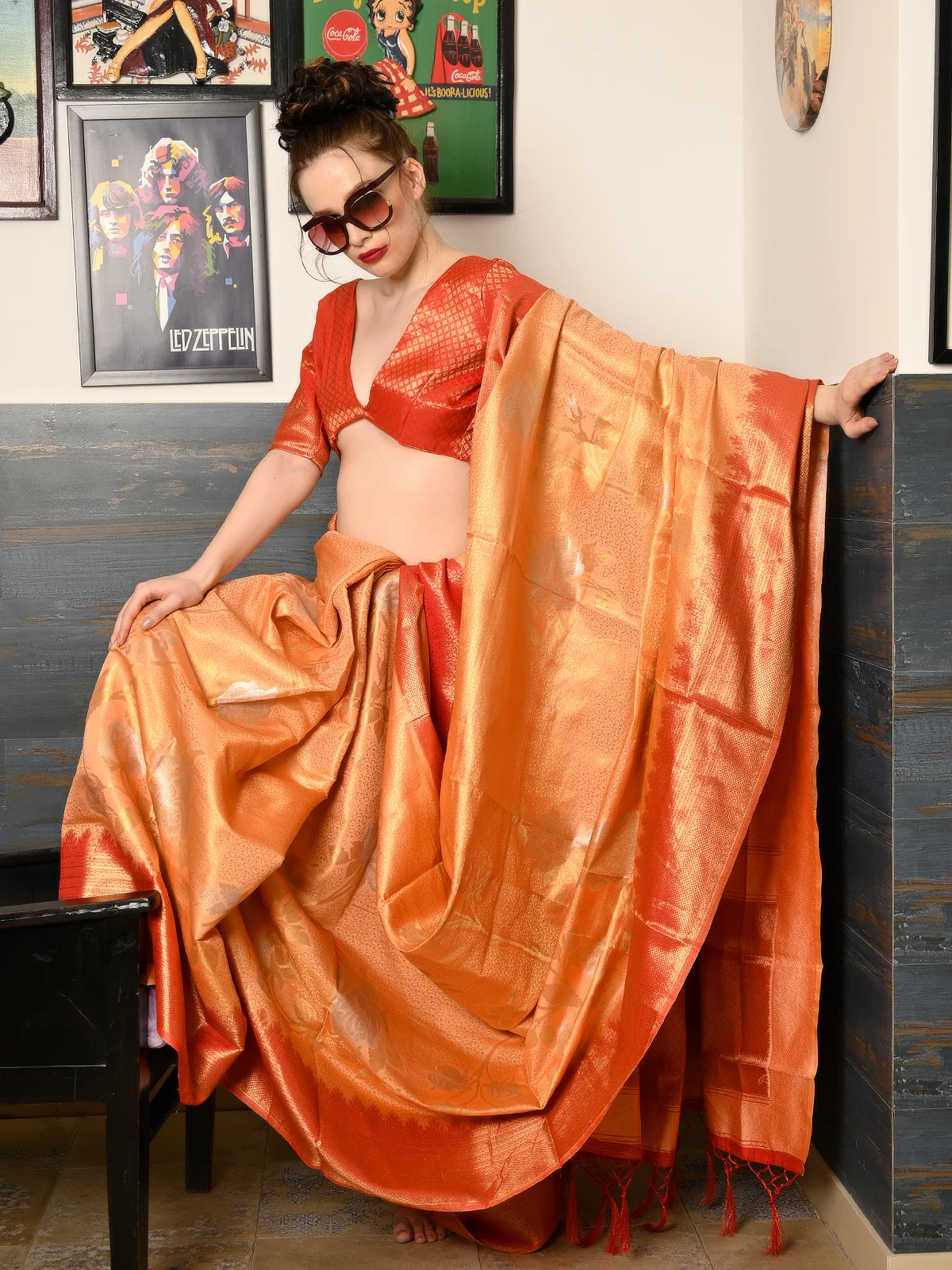 Odette Women Festive Orange Silk Blend Woven Saree With Unstitched Blouse - Image 2