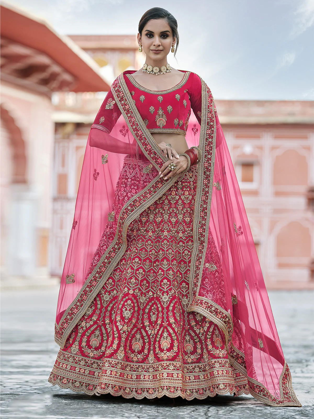Odette Women Festive Pink Semi Stitched Lehenga With Unstitched Blouse