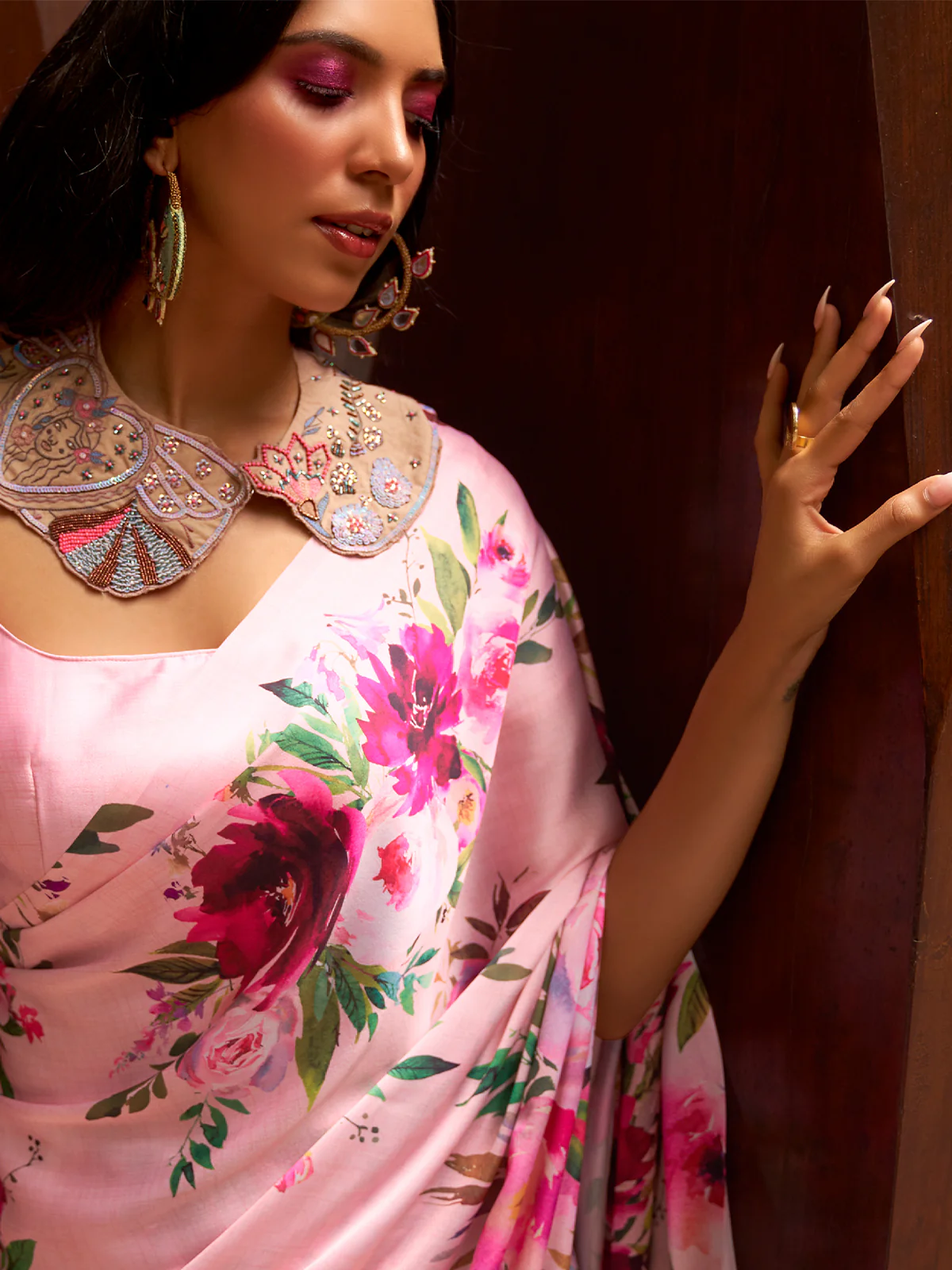 Odette Women Festive Pink Satin Printed Saree With Unstitched Blouse - Image 2