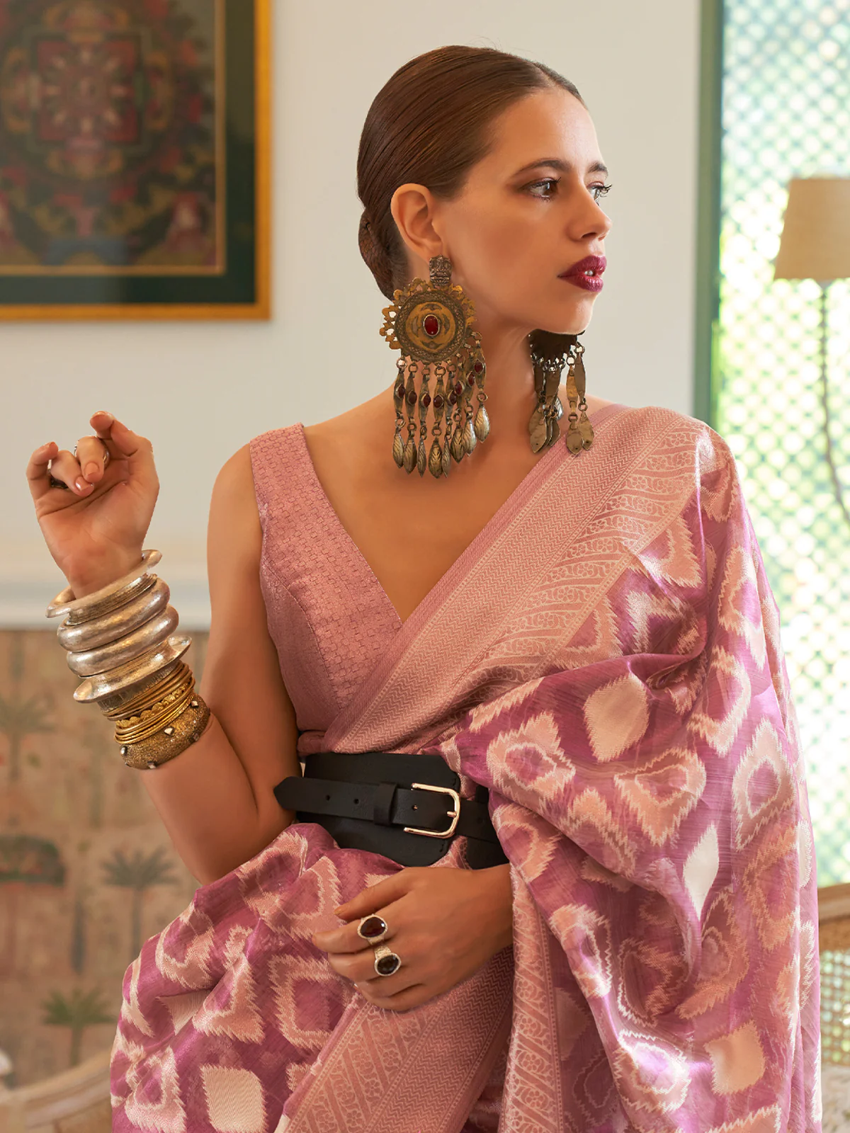 Odette Women Festive Pink Tissue Woven Saree With Unstitched Blouse - Image 2