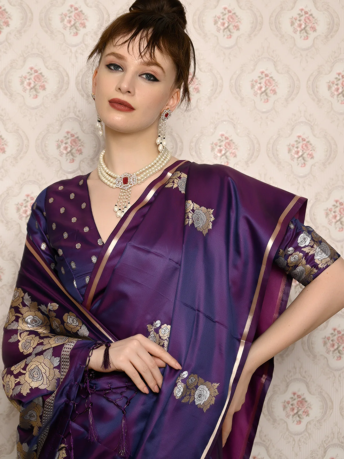 Odette Women Festive Purple Satin Printed Saree With Unstitched Blouse - Image 4