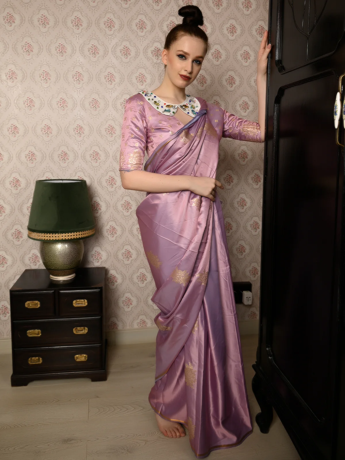 Odette Women Festive Lilac Satin Printed Saree With Unstitched Blouse