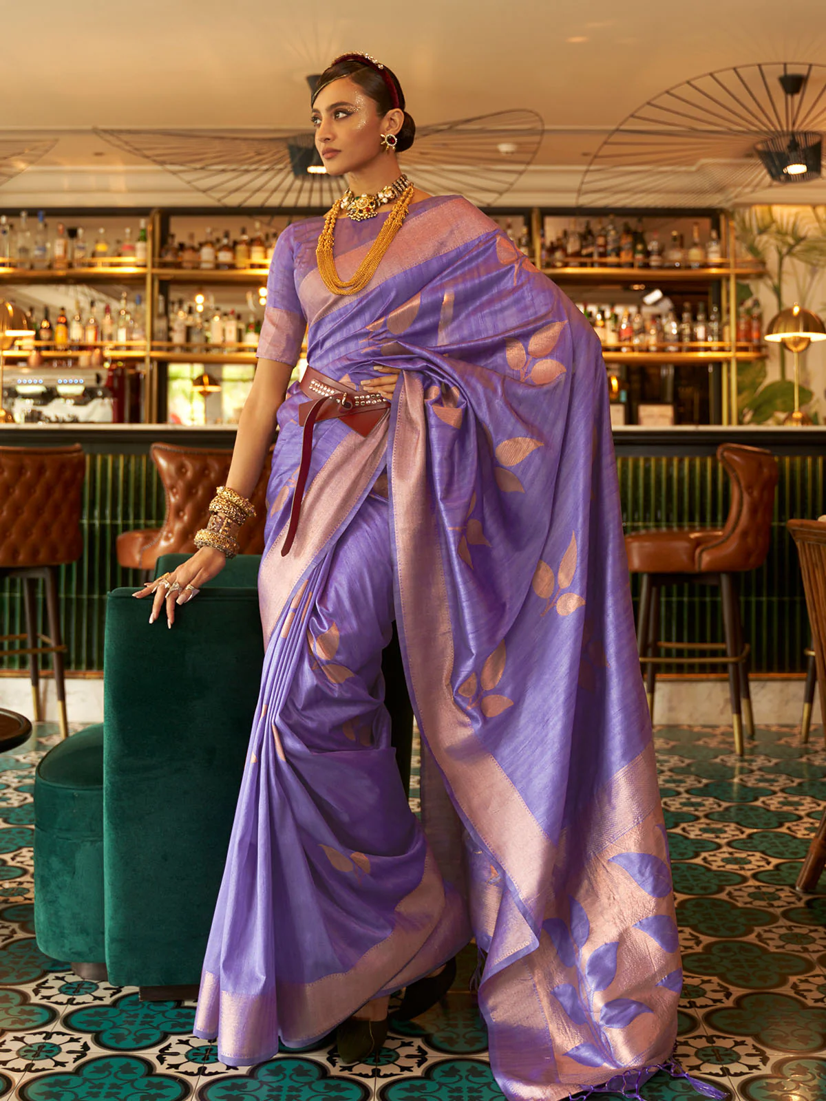 Odette Women Festive Purple Silk Blend Woven Saree With Unstitched Blouse