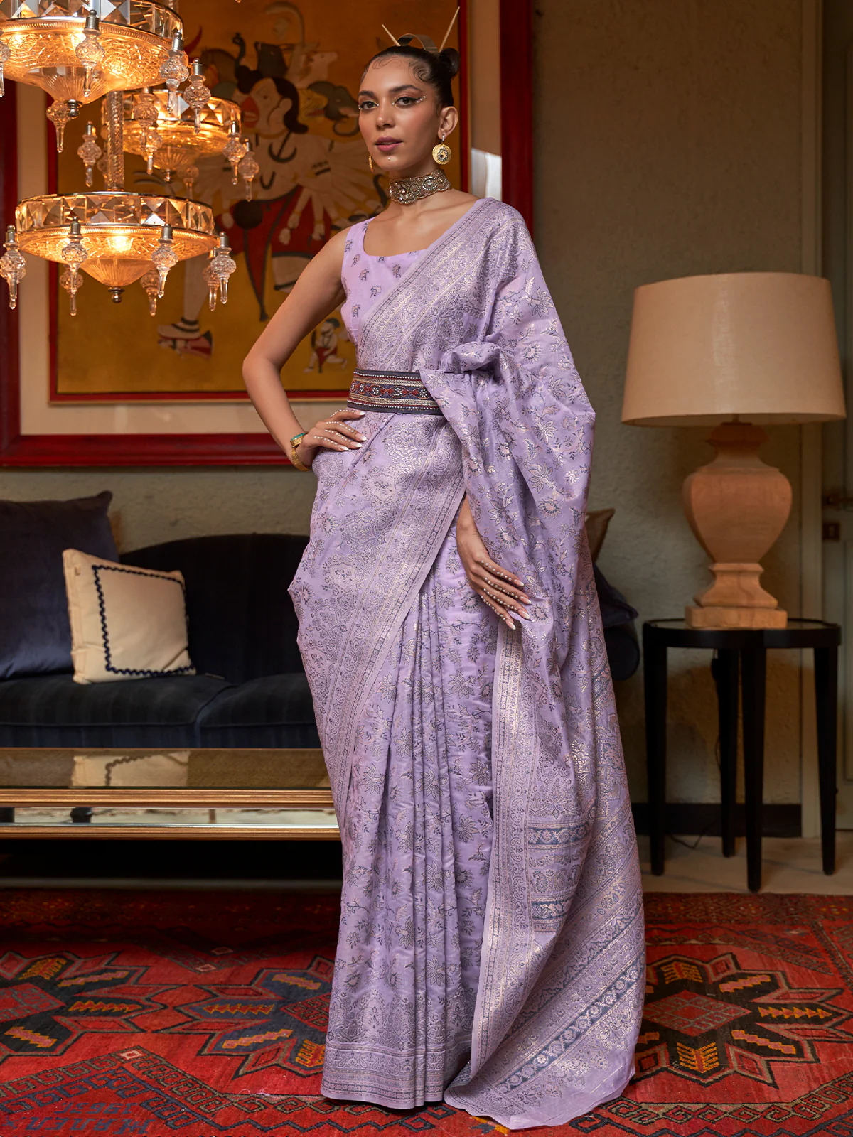Odette Women Festive Purple Silk Blend Woven Saree With Unstitched Blouse