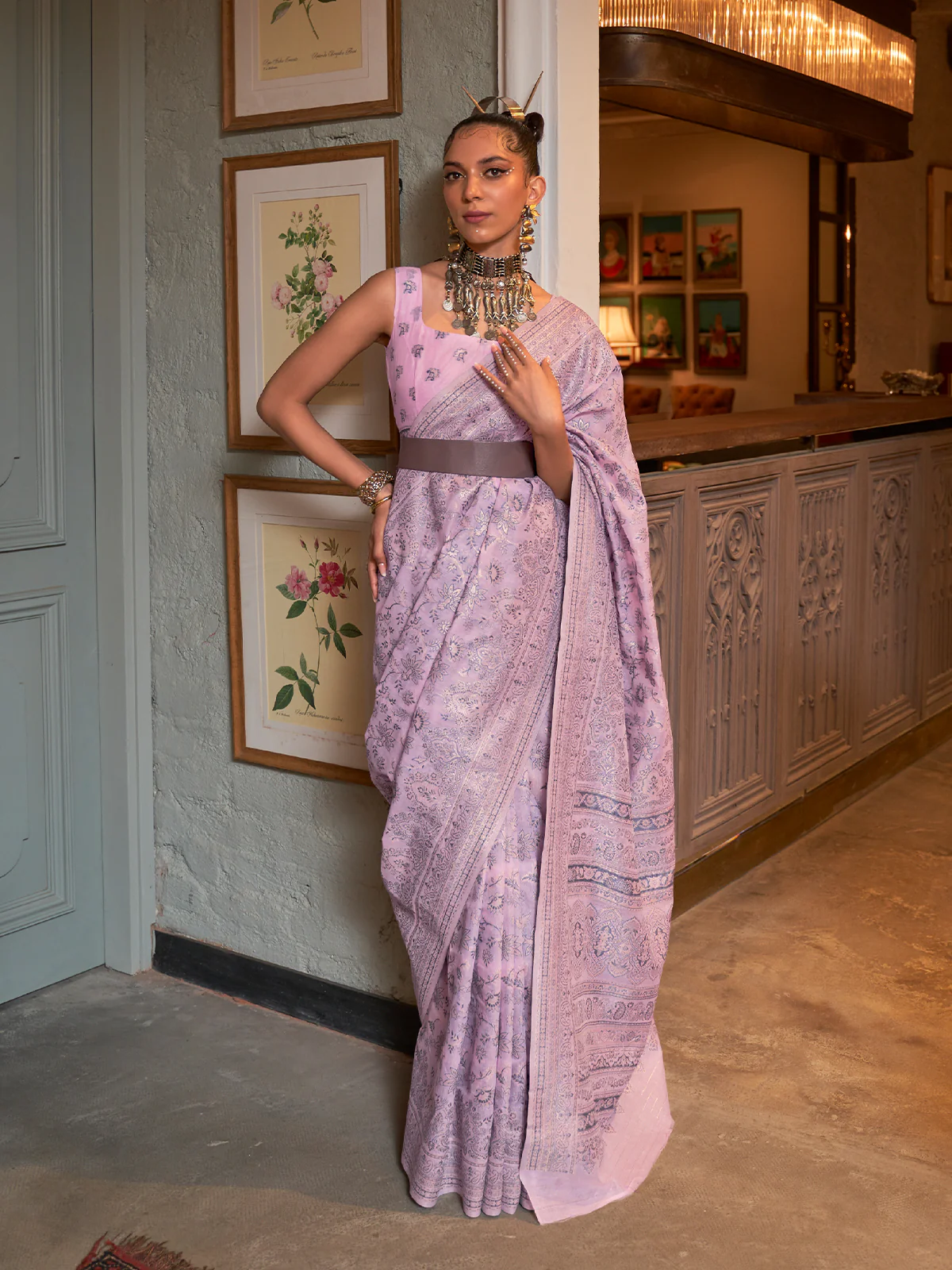 Odette Women Festive Purple Silk Blend Woven Saree With Unstitched Blouse