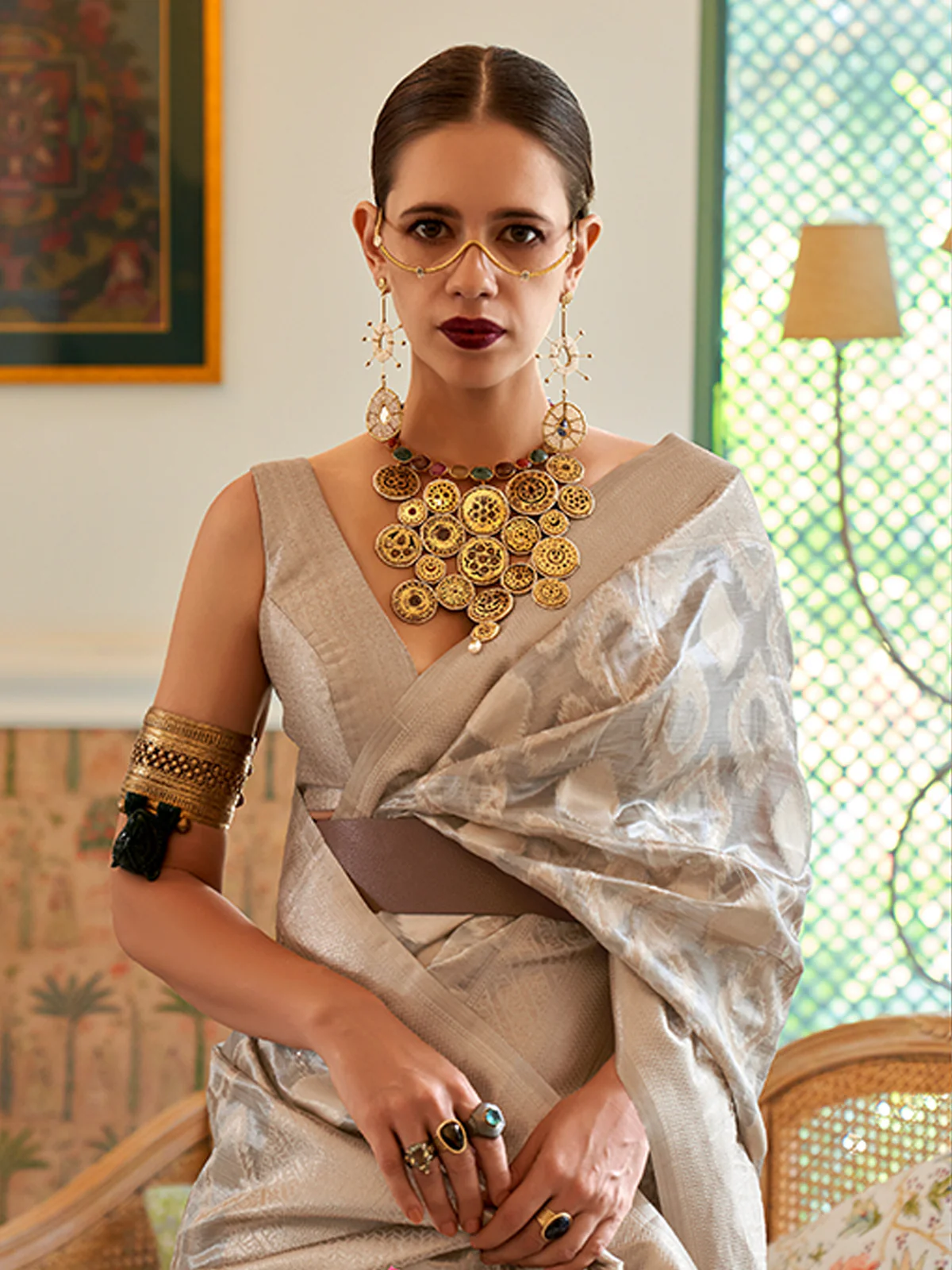 Odette Women Festive Silver Tissue Woven Saree With Unstitched Blouse - Image 2