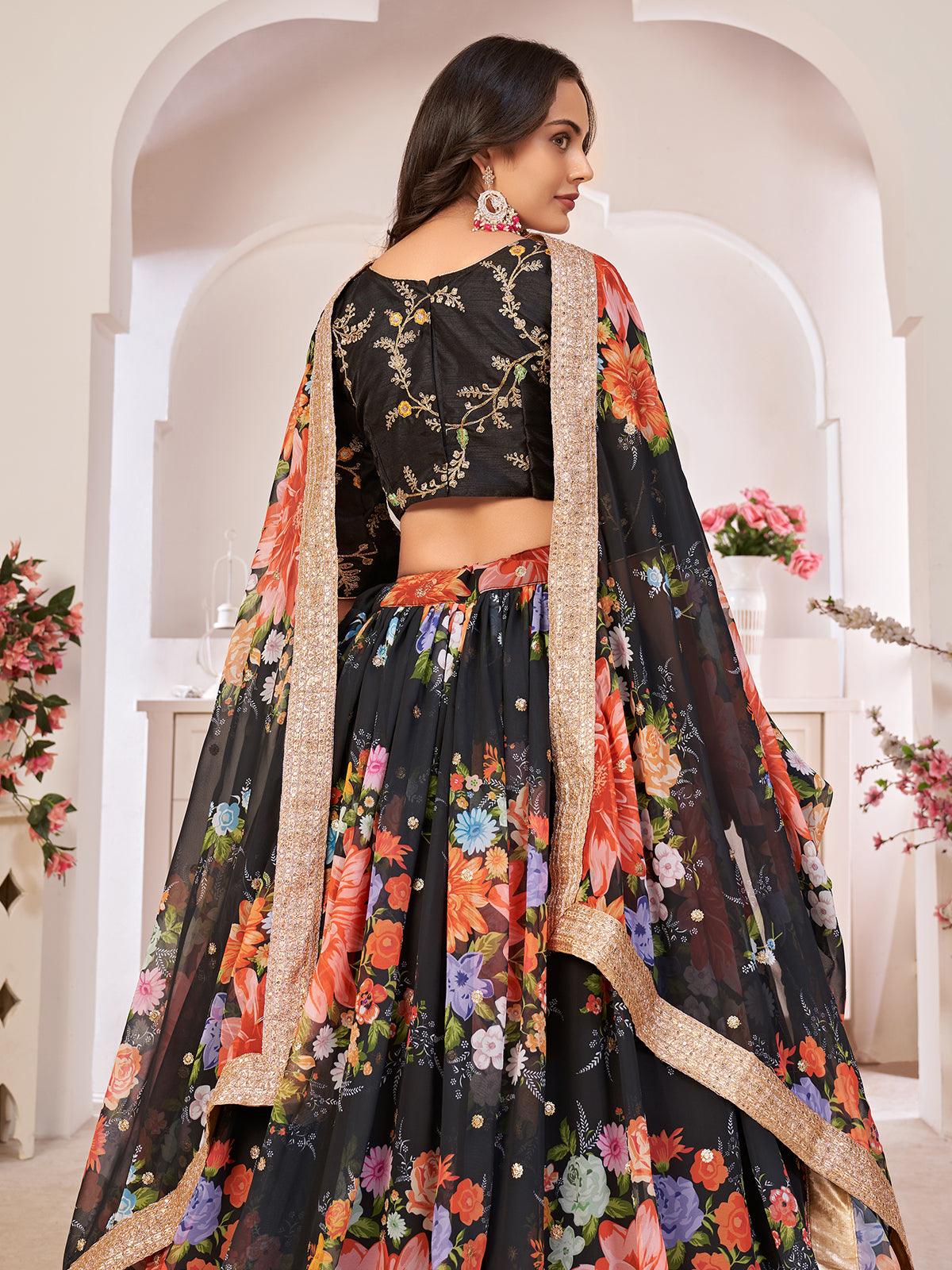 Odette Women Floral Black Georgette Semi Stitched Lehenga With Unstitched Blouse - Image 3