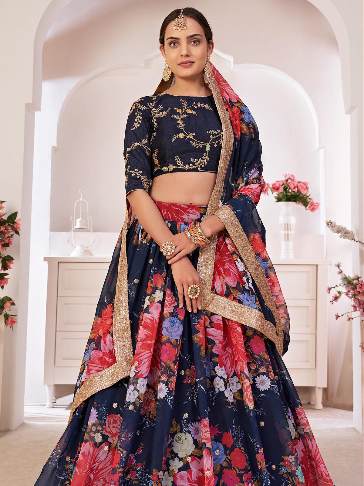 Odette Women Floral Blue Georgette Semi Stitched Lehenga With Unstitched Blouse