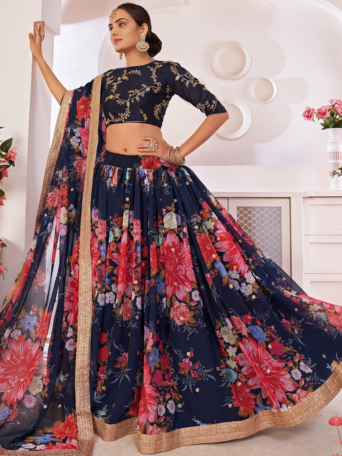 Odette Women Floral Blue Georgette Semi Stitched Lehenga With Unstitched Blouse - Image 2