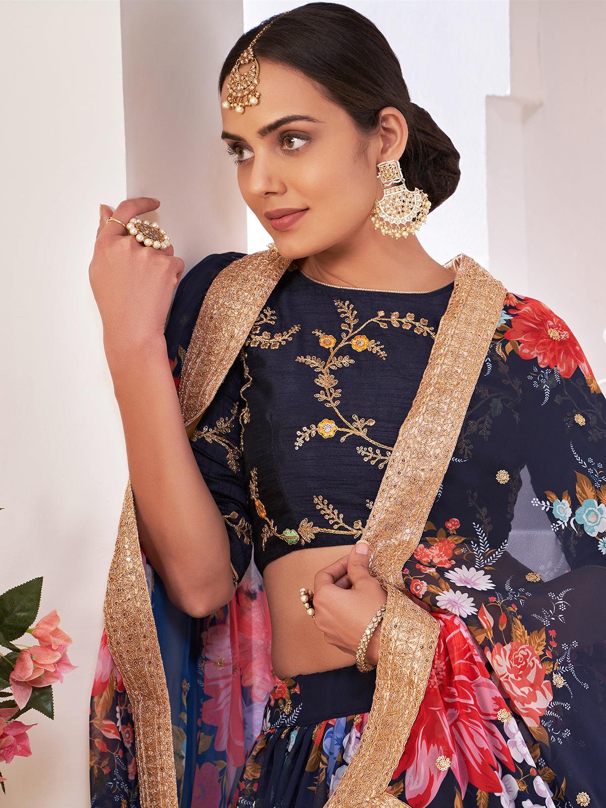 Odette Women Floral Blue Georgette Semi Stitched Lehenga With Unstitched Blouse - Image 4