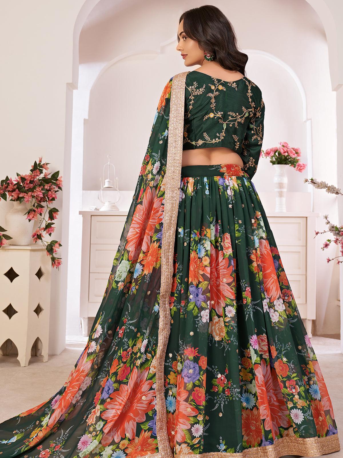 Odette Women Floral Green Georgette Semi Stitched Lehenga With Unstitched Blouse - Image 3
