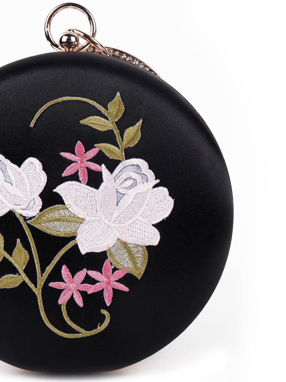 Odette Women Floral Jet Black Rounded Stylish Sling Bag - Image 6