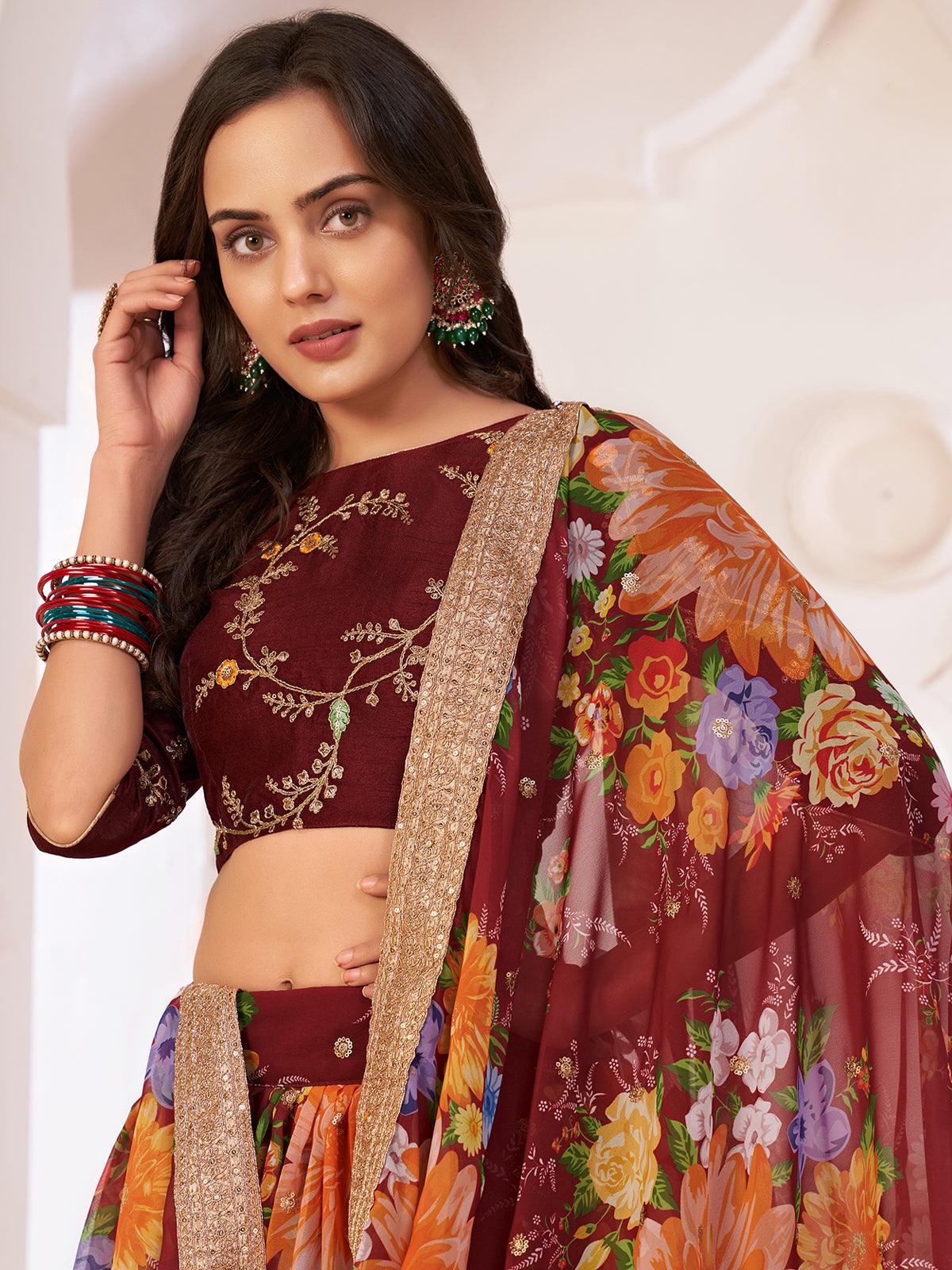 Odette Women Floral Maroon Georgette Semi Stitched Lehenga With Unstitched Blouse - Image 4