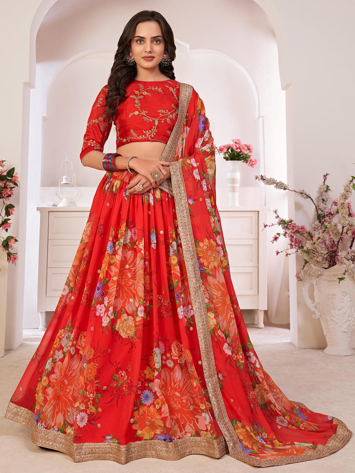 Odette Women Floral Red Georgette Semi Stitched Lehenga With Unstitched Blouse