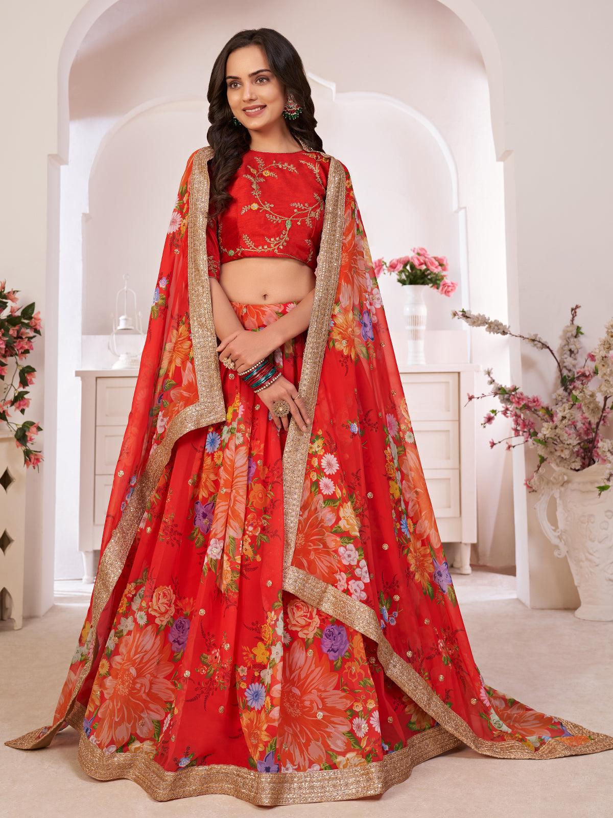 Odette Women Floral Red Georgette Semi Stitched Lehenga With Unstitched Blouse - Image 2