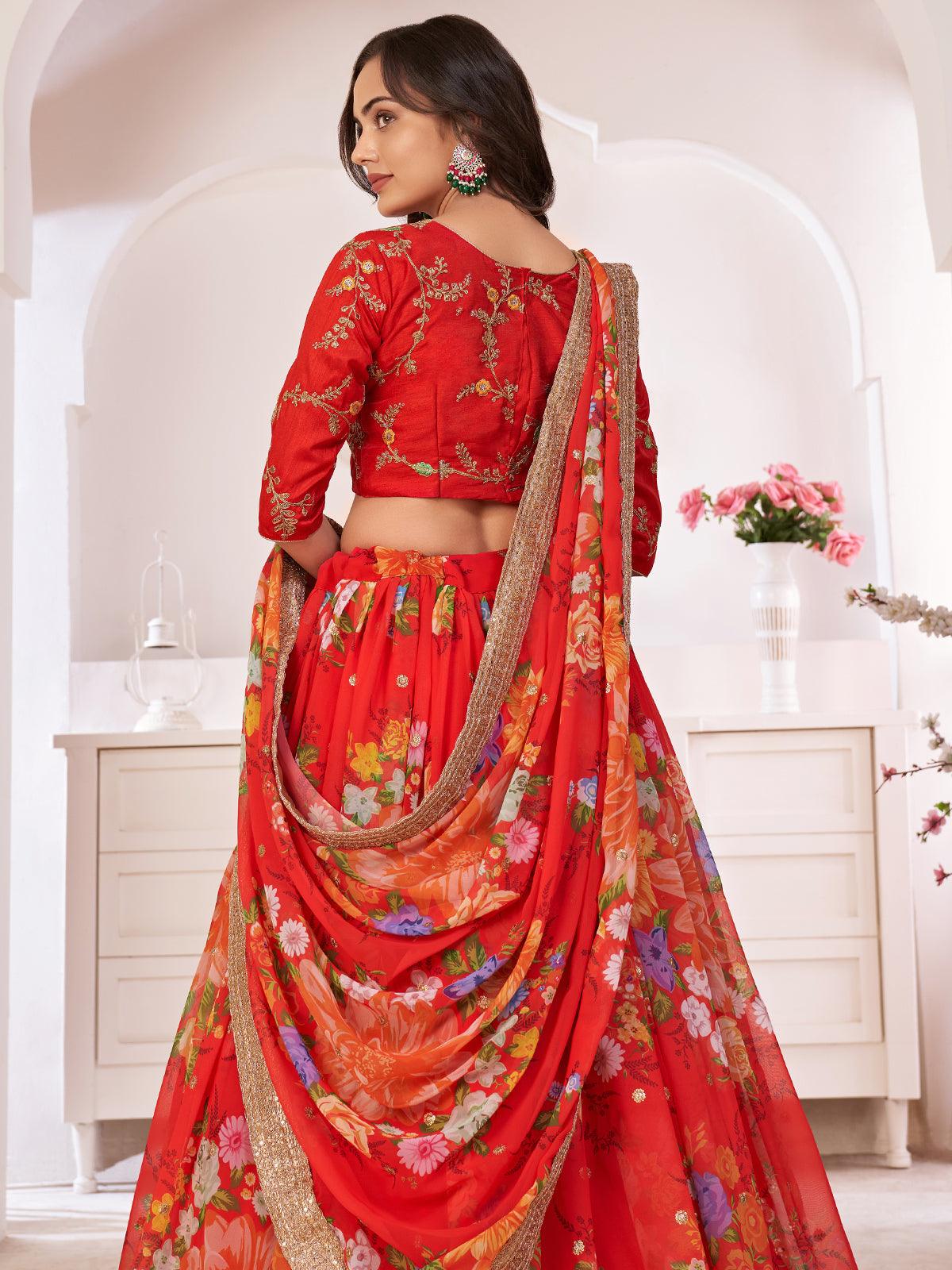 Odette Women Floral Red Georgette Semi Stitched Lehenga With Unstitched Blouse - Image 3