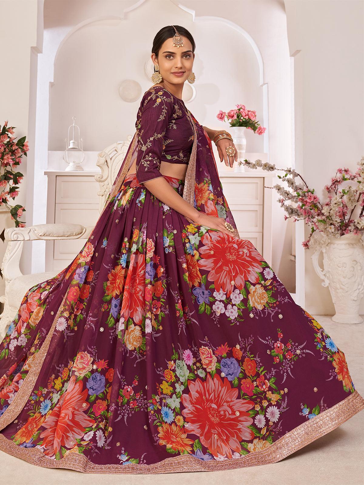 Odette Women Floral Violet Georgette Semi Stitched Lehenga With Unstitched Blouse - Image 2