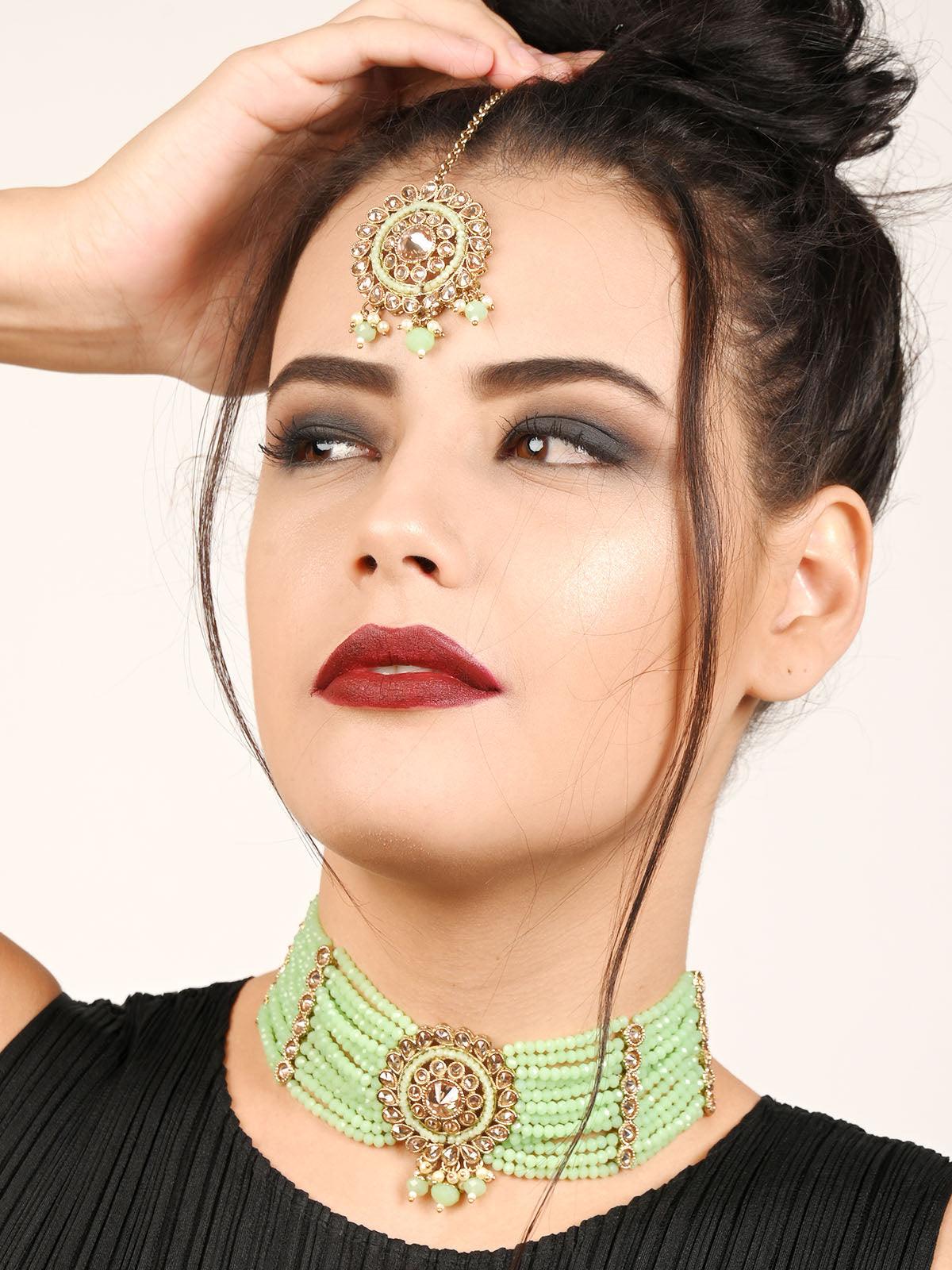 Odette Women Florina Light Green Choker Necklace Set - Image 2